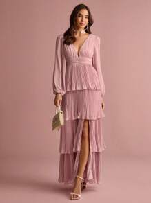 Enchnt Summer Romantic Women's PinkDeep V Neck Lantern Sleeve Layered Ruffle Hem Maxi Dress,Sweet&Elegant For Vacation&Date&Holiday&Birthday&Party&Graduation&Wedding Guest&Beach,Prom Dress,Summer Dresses For Women,Sun Dresses For Women,Summer Clothes,Summer Outfits For Women,Elegant Dresses For Party, - Dusty Pink - View 4