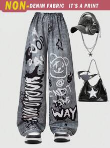 SHEIN Pantalones holgados con estampado de mezclilla sintética para niñas preadolescentes, adecuados para uso casual, vacaciones, estilo callejero y fiestas