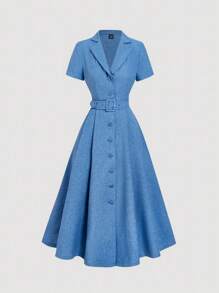 SHEIN MOD Mittellanges blaues Kleid mit Kragen und Gürtel, Kurzarm