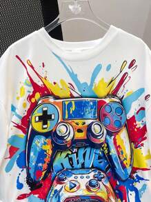 SHEIN Set de 2 piezas de camiseta de manga corta con gráfico de videojuego y pantalones cortos para niño preadolescente