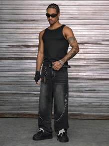 AXEPEAK 男士休闲水洗牛仔裤，铆钉装饰，Emo 风格