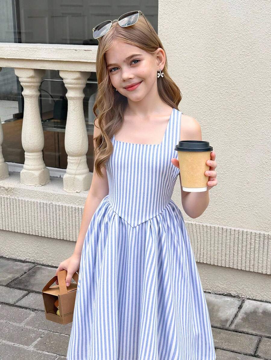 SHEIN Tween Girls Blue And White Striped Midi Dress With Square Neck And Flared Hem Girls Blue Striped Dress Tween Girl Striped Dress Girls Striped Summer Dress