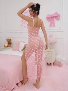 PetitDoll 2pcs Romantic Set: Long Slit Hem Pink Slip Dress With Mesh Insert & Camisole With T-Strap - Pink - View 2