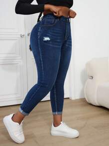 Firerie Plus Size Distressed Skinny Stretch Denim Jeans, Blue, Fall Women Clothes - Blue - View 6