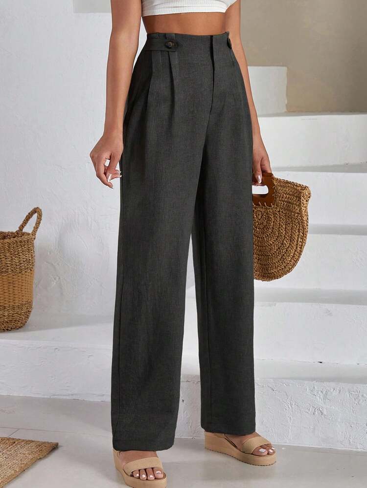 SHEIN Cottnline Women Front Two Sided Button Detailed Linen Pants - Dark Grey - View 3