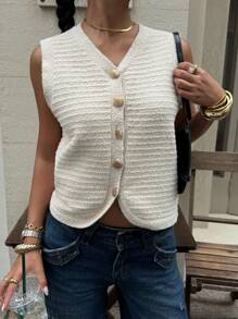 Siren Gaze 纯色罗纹金属纽扣休闲针织背心女士针织背心短款毛衣背心无袖针织上衣，秋季女装 - 杏色 - 查看 5