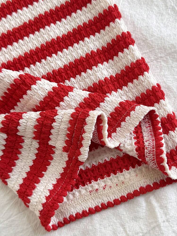 SHEIN 青少年女孩休闲度假街头服饰不对称纹理针织条纹短款修身 T 恤和配套直筒条纹针织裤两件套返校装，红白条纹 - 紅色 - 查看 4