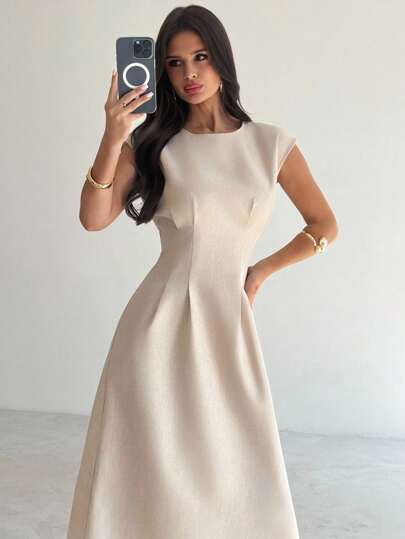 Firerie 女士简约优雅日常休闲通勤度假办公室装 亚麻色竹纹理圆领无袖腰部褶皱 A 字中长连衣裙，夏季连衣裙，商务休闲女装，秋季女装，女士办公室服装，办公室，机场服装，旅行服装机场，外出服装