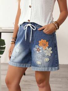 EMERY ROSE Women's Floral Embellished Drawstring Waist Insert Pockets Loose Denim Shorts - Blue - View 7