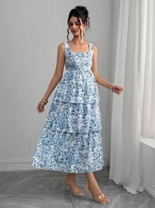 SHEIN Women's Elegant Floral Print Casual Sleeveless Maternity Dress - Blue and White - View 5