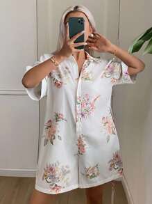 DAZY 花卉印花束腰女式连体睡衣睡衣 - 白色 - 查看 6