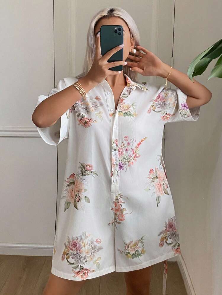Floral All Over Print Cinched Waist Women's Jumpsuit Sleepwear Pajama