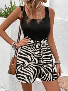 SHEIN LUNE Bộ đồ liền thân chắp vá màu tương phản thường ngày dành cho nữ có nơ, áo đen và quần in họa tiết ngựa vằn màu mơ, phong cách cổ điển, thanh lịch cho kỳ nghỉ lễ và kỳ nghỉ hè - Nhiều màu - Xem 3