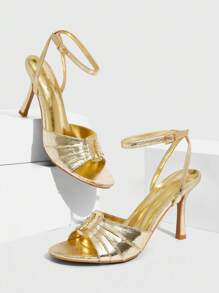 CUCCOO SZL 女士金色金属 PU 绑带踝带时尚性感方头夏季约会派对金属优雅圆头高跟凉鞋