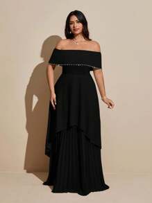 Viva Relle Đầm dự tiệc sang trọng, thanh lịch, sang trọng trễ vai, trang trí kim cương, chiffon xếp ly cỡ lớn cho nữ - màu đen - Xem 5