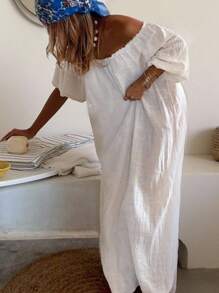 INAWLY 大码纯色波西米亚风露肩长袖休闲长裙 - 白色 - 查看 2
