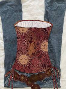 Attitoon Red Sun God Inspired, Bohemian Style, Fall Women's Clothing, Western Influence, Punk Rock Inspired, Y2K Punk Aesthetic, Music Festival Fashion, Boho, Beach Style, Summer Miami Girl Vibe, Women's Ruched Tie Front Crop Top Celestial Dress Boho Sun Dress Witchy Clothes Boho Hippie Clothes For Women,Back To School Goth Suitable For Going Out - Multicolor - View 6