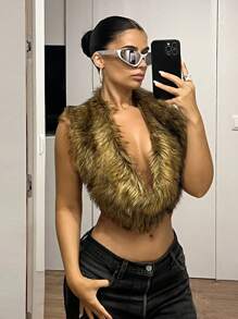 SHEIN ICON 女式时尚性感露背仿皮草上衣秋季女装