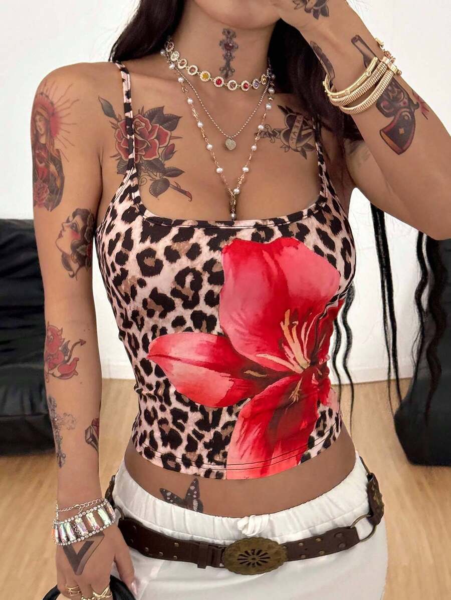 Coolane 女士夏季演唱会狂欢节外出街头服饰 Y2K 豹纹花卉吊带背心