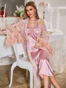 Slumberist Bộ 2 váy dài in họa tiết hoa lưới tay rộng sang trọng mùa cưới kèm lông vũ trang trí, váy ngủ và áo choàng, đồ ngủ bằng vải satin, - Hồng - Xem 4