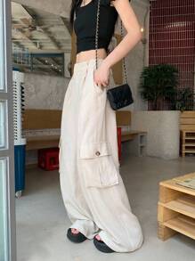 DAZY Women's Casual Solid Color Wide Leg Cargo Pants - Apricot - View 6