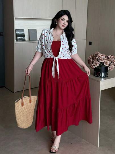 Vibekara 2 chiếc/bộ váy maxi dây mảnh thường ngày cỡ lớn + áo sơ mi in họa tiết dâu tây buộc dây