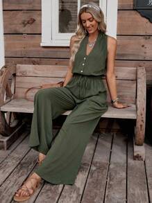 LanaWest Women's Casual Vacation Elegant Deep V-Neck Sleeveless Cinched Waist Loose Straight Leg Pocket Jumpsuit, Summer