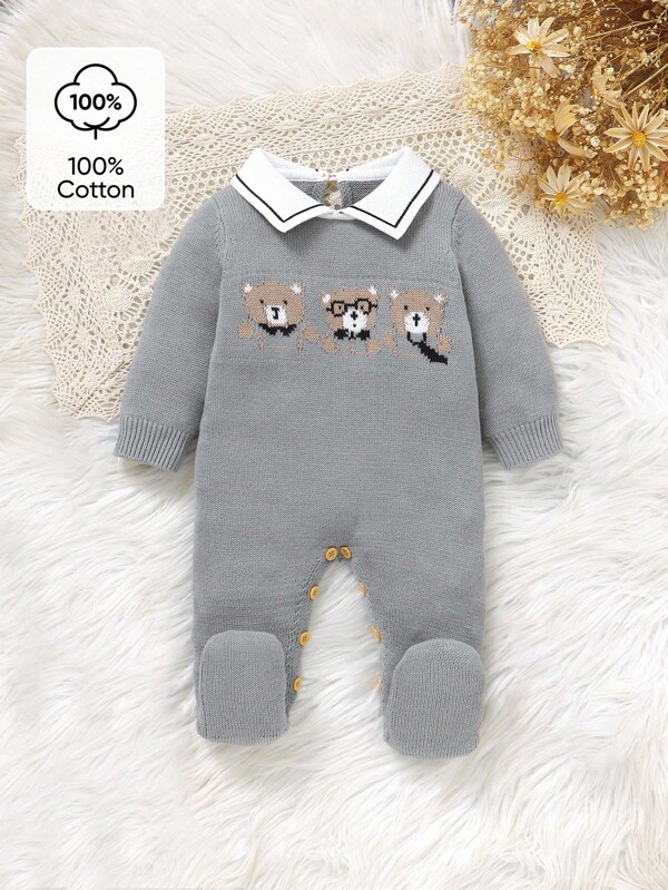 Souflis Souflis Macacão estilo cavalheiro casual aconchegante para bebês meninos com gola Peter Pan, design adorável de jacquard de urso, suéter de malha para bebês, fofo e macio, confortável para engatinhar e uso diário