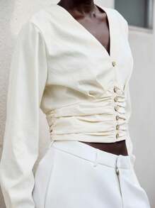 Lumivelle 女士设计师款精致V领长袖褶裥短款上衣，适合大学穿着 - 杏色 - 查看 1