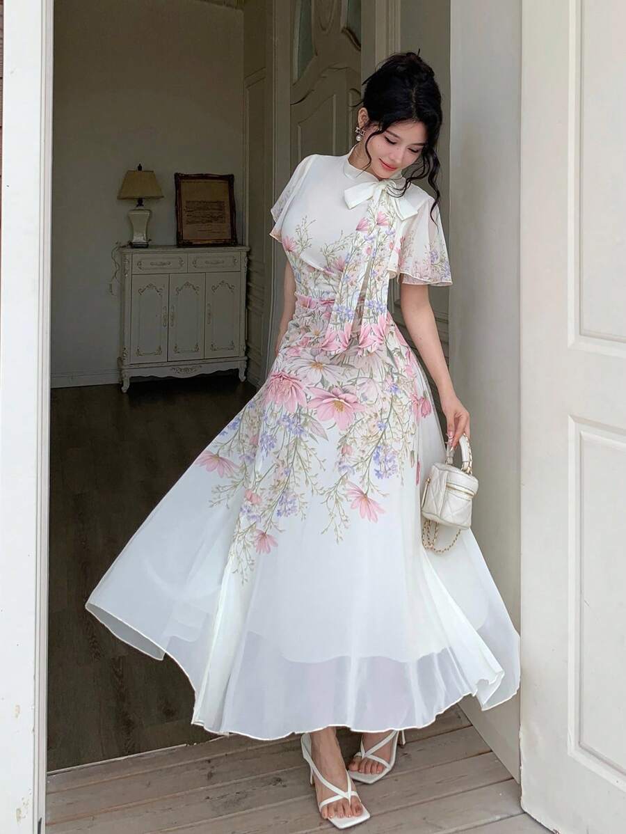 Modelyn Tie-Up Waist Ruched Locating Printed Women's Flare Dress - Multicolor - View 1