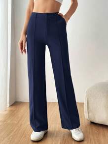 SHEIN EZwear Women's Simple Casual Navy Blue Suit Pants In Fall/Winter - Navy Blue - View 3