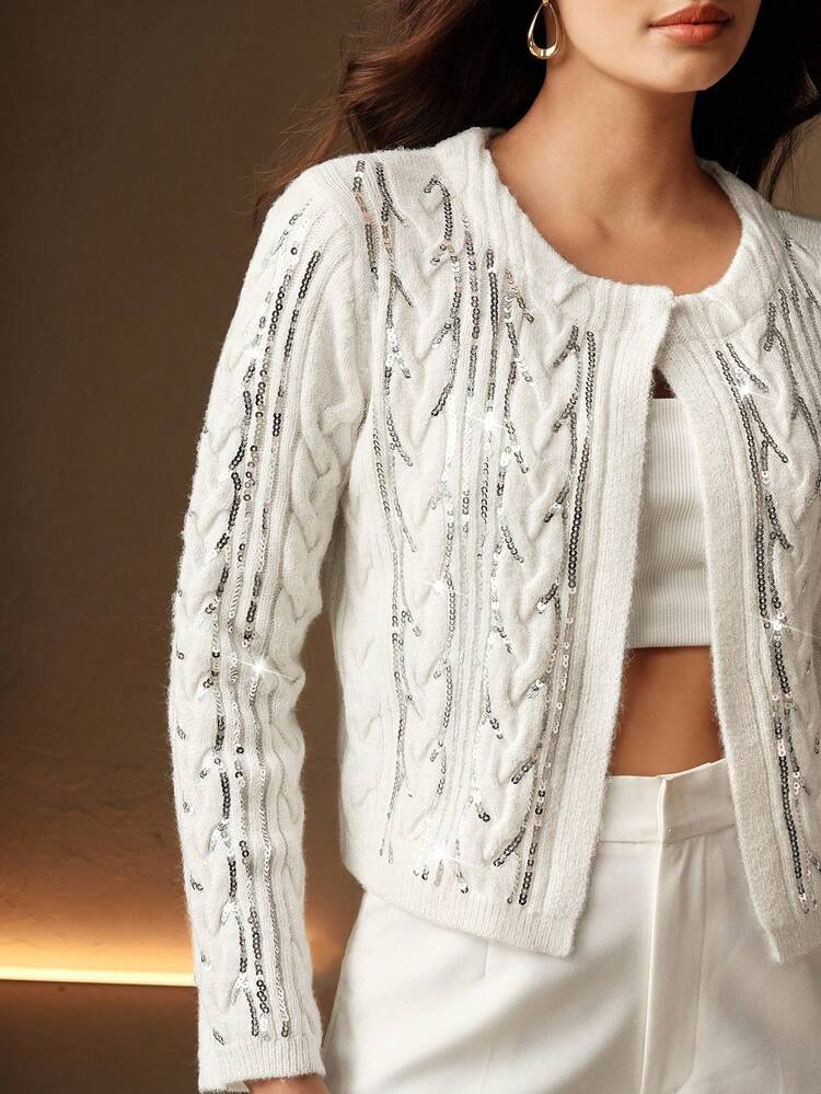 Chaqueta de punto con mangas largas, bordada con lentejuelas y hilo plateado para mujer