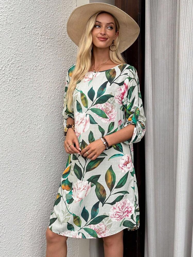 女性用カジュアル ルーズ フローラルプリントミディドレス