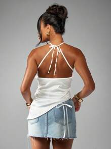 MISSGUIDED 夏季优雅缎面吊带露背上衣，适合晚宴、俱乐部、晚宴、婚礼宾客等场合，百搭时尚 - 白色 - 查看 2