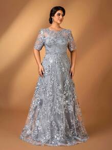 Serin Váy sang trọng cho mẹ, cổ tròn, bán trong suốt, thêu hoa thủ công, viền bèo nhún, thanh lịch, lãng mạn - Màu xám đen - Xem 8