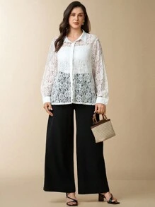Flouryn Plus Size White Lace Long Sleeve Shirt, Elegant For Commuting And Vacation, Fall Women Clothes Fall Clothes Fall Tops Fall Women Outfits