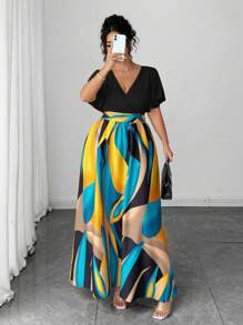 Elenzga 万圣节大码女式春夏波西米亚度假休闲优雅彩色不对称几何印花高低褶边袖长裙 - 彩色 - 查看 4