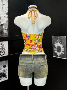 SHEIN Unity Women's Yellow Floral Print Cross Back Halter Top - Multicolor - View 2