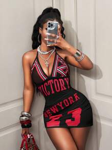 BamGleam 女式字母印花低胸紧身连衣裙 - 黑色 - 查看 5