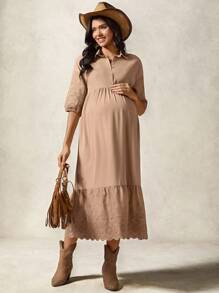 Boho Mama Locker sitzendes, lässiges Umstandskleid in Midi-Länge mit Unifarbe, einfach und bequem - Khaki - Übersicht 4