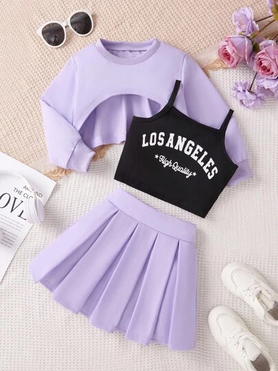 3pcs Girls (4-7Y) Fashion & Adorable Set: Apricot Sweatshirt Top With Warm & Versatile Vibe, Simplistic Black Tank Top With LOSANGELES Printed Letter, Woven Skirt With Stylish & Cute Details. The Set Can Be Worn Separately Or Mixed And Matched For Different Looks, Suitable For Spring, Autumn And Winter Fall