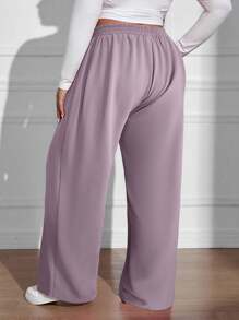 SHEIN EZwear 大码休闲纯色直筒裤 - 淡紫色 - 查看 2