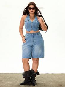 INAWLY Plus Size Women's Denim Stretch Halter Bodysuit - Blue - View 6