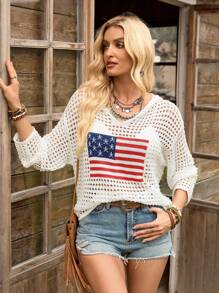 LanaWest Women 4th Of July Casual Flag Cutout Hooded Sweater Knit Pullover Fall Winter