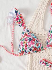 Swim Mod Women's Minimalist Triangle Bikini Set With Floral Beach Print For Summer Beach Vacation - Multicolor - View 5