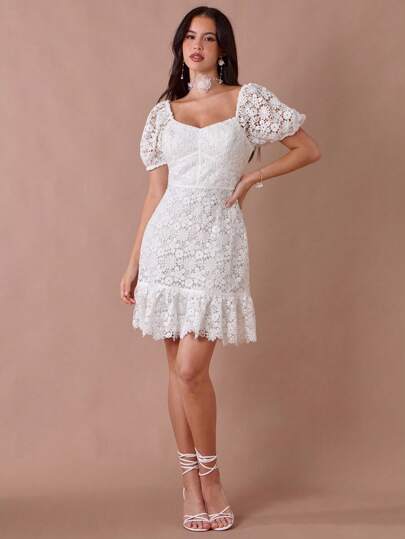Enchnt Summer Romantic Women's Elegant White Short Sleeves Lace Mini Dress, Suitable For Vacation,Sweet&Elegant For Vacation&Date&Holiday&Party&Graduation&Wedding Guest&Beach,Prom Dress,Summer Dresses For Women,Summer Clothes, ,Elegant Dresses For Party,Bohemian Clothes