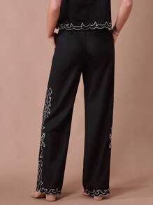 Enchnt 夏季浪漫女士黑色休闲花卉刺绣长裤，适合度假，甜美优雅，适合度假、约会、节日、派对、毕业典礼、婚礼嘉宾和海滩，夏装，优雅的派对连衣裙，波西米亚风格服装 - 黑色 - 查看 7