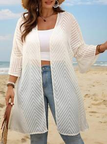 SHEIN LUNE Plus Size Women's Mesh 3/4 Sleeve Open Front Casual Jacket - Beige - View 1