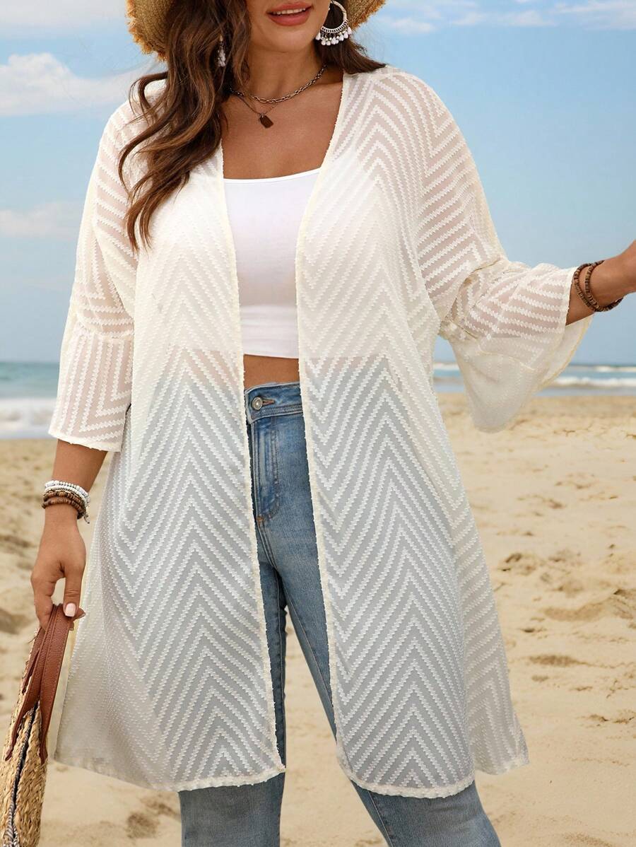 SHEIN LUNE Plus Size Women's Mesh 3/4 Sleeve Open Front Casual Jacket - Beige - View 1