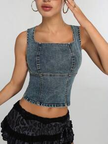 Jeanoix Y2K Tie-Front Sexy Backless Washed Denim Blouse - Dark Wash - View 2